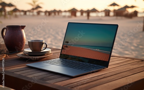 Laptop sitting on table with white sandy beach. Generative AI