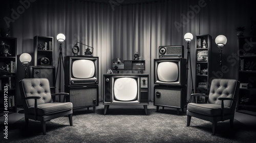 Vintage setup featuring classic TV sets from the 1950s