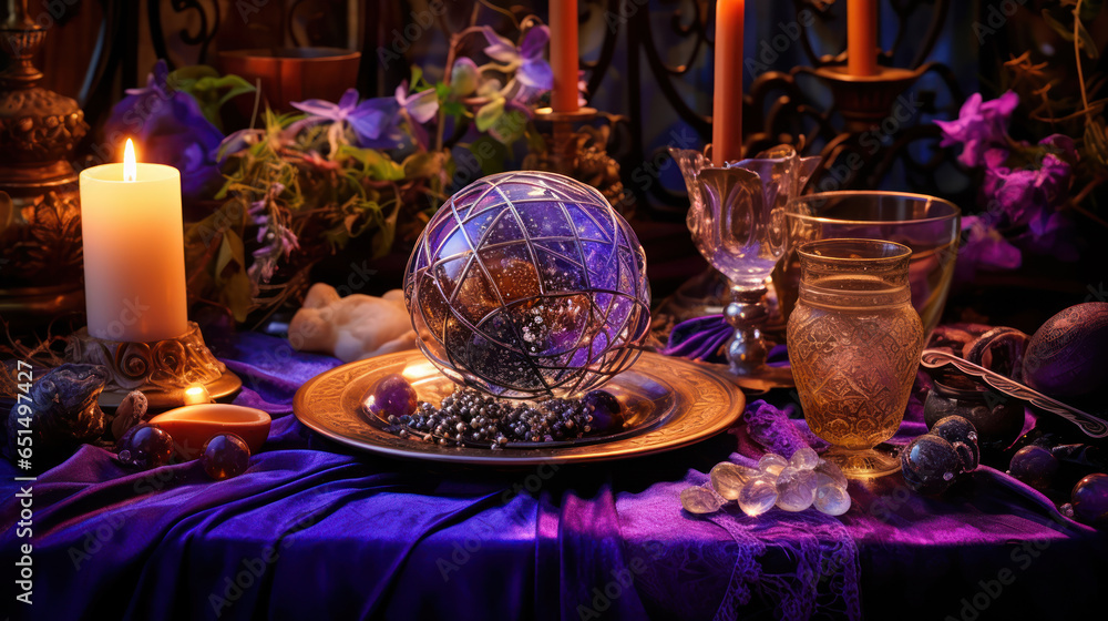 Mystical table setting featuring tarot cards, a crystal ball, and burning sage