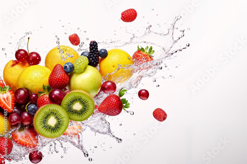 Fresh fruits are splashed with water on a white background