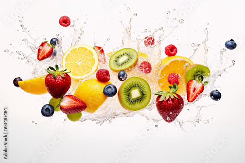 Fresh fruits are splashed with water on a white background