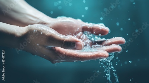 closeup water flow to hand of women