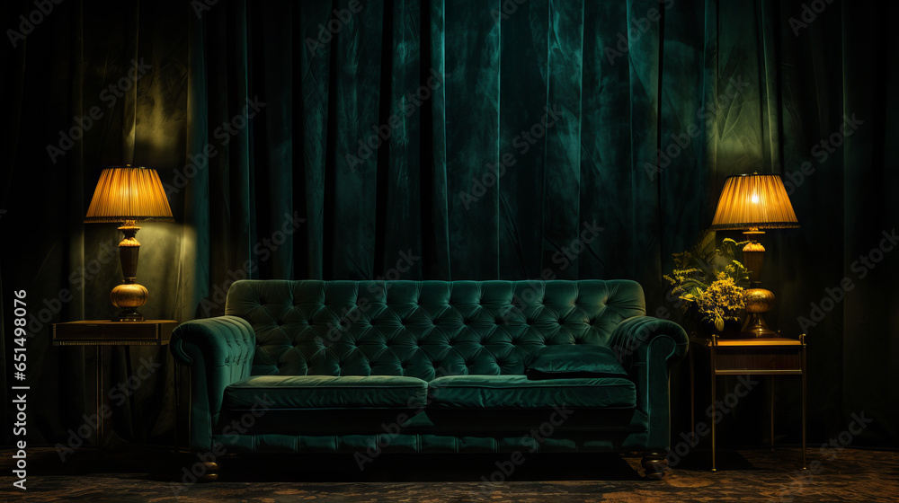 Dark and Moody Interiors: A dimly lit living room, draped in deep emerald velvet curtains. A charcoal tufted sofa stands against a wall of dark, hand-painted wallpaper. Vintage brass lamps. - obrazy, fototapety, plakaty 