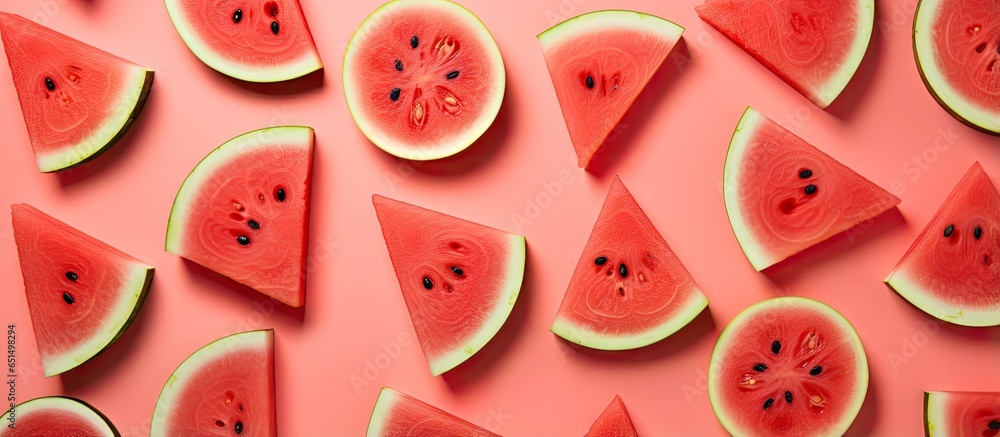 Watermelon pieces on a isolated pastel background Copy space Watermelon pieces on a isolated pastel background Copy space