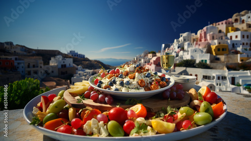 Greek gastronomy, traditional dishes feta, yogurt, tzatziki, moussaka, Greek salad and fish