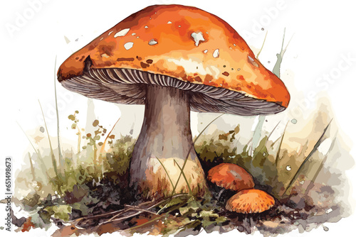 cute watercolor hand drawn mushrooms, colorful aquarelle vector paintings forest poisonous mushroom fly agaric in the grass. vector watercolor illustration.