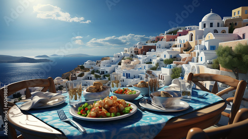 Greek gastronomy, traditional dishes feta, yogurt, tzatziki, moussaka, Greek salad and fish