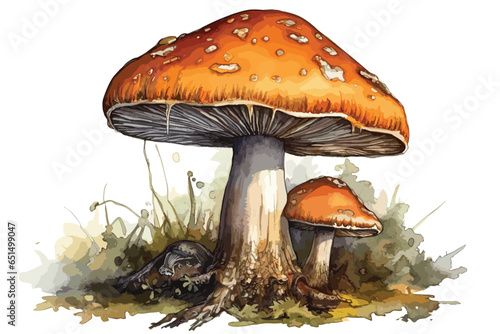 cute watercolor hand drawn mushrooms, colorful aquarelle vector paintings forest poisonous mushroom fly agaric in the grass. vector watercolor illustration.