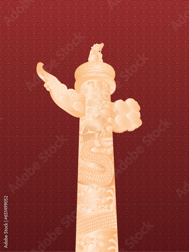 Chinese ornamental column, Huabiao on chinese texture background. Ancient chinese traditional architecture. China chic illustration.