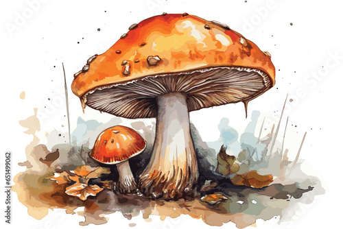 cute watercolor hand drawn mushrooms, colorful aquarelle vector paintings forest poisonous mushroom fly agaric in the grass. vector watercolor illustration.