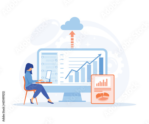 business technology cloud computing service concept, developer team working on dashboard monitor, flat vector modern illustration