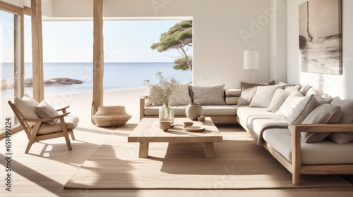 Scandinavian Coastal Retreat A serene space with a coastal touch, featuring light wood furniture, seashell decor, and ocean-inspired hues © Textures & Patterns