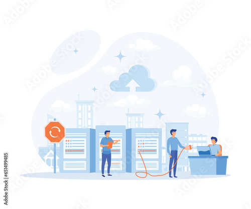 Users work with a cloud service platform. Cloud Computing. Web cloud technology, data storage, Working process, teamwork communication. flat vector modern illustration