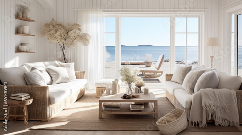 Scandinavian Coastal Retreat A serene space with a coastal touch, featuring light wood furniture, seashell decor, and ocean-inspired hues