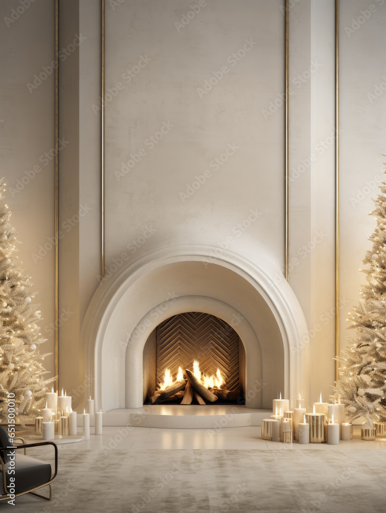 Christmas interior with fireplace, arcs, carpet, tree, decor, gifts. Ai generated.