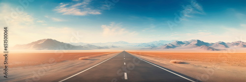 road stretching across a vast desert landscape, with a distant horizon and a sense of endless travel.Generative AI