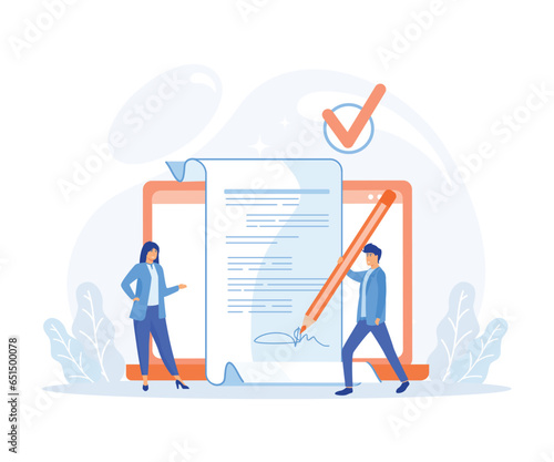 Mortgage process, People buying property with mortgage, getting bank approval, signing contract and legal documents and receiving house keys. flat vector modern illustration