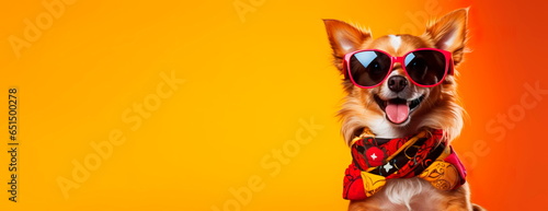 charismatic dog wearing oversized, vibrant sunglasses and striking a pose against a colored backdrop, promoting . Generative AI