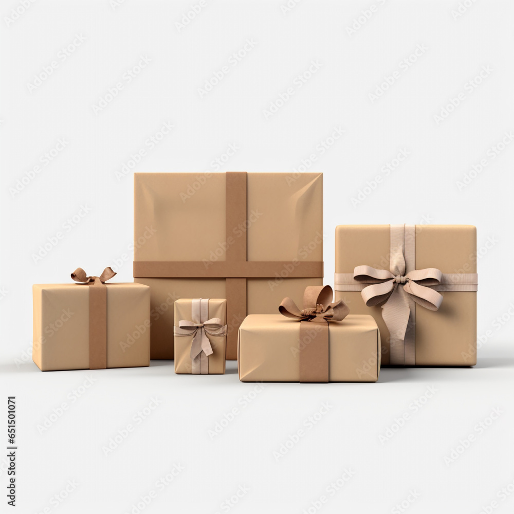 Stacked beige gift boxes on a white background. AI Generation Stacked beige gift boxes on a white background. AI Generation