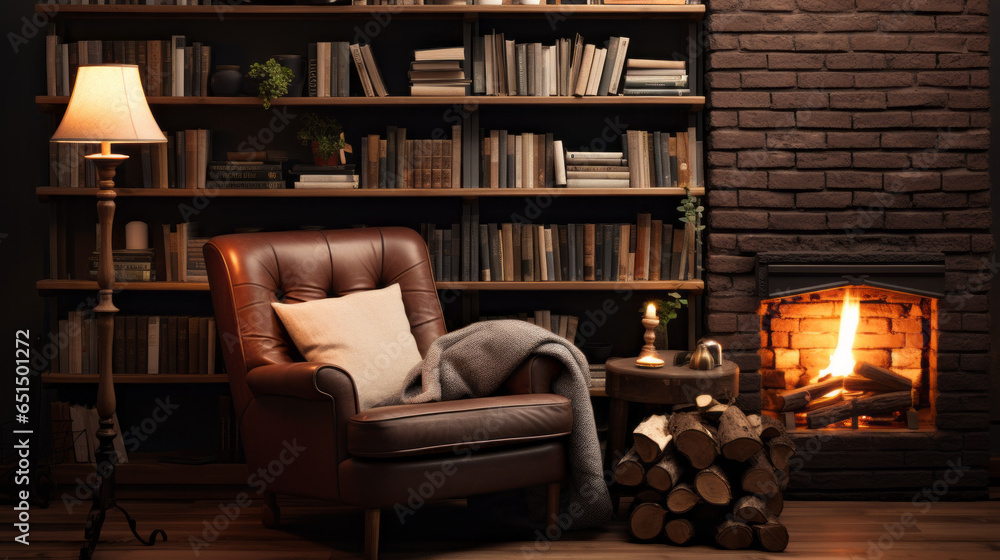 Scandinavian Cozy Reading Nook A dedicated reading nook adorned with bookshelves, plush reading chairs, and warm lighting, inviting book enthusiasts to lose themselves in literature