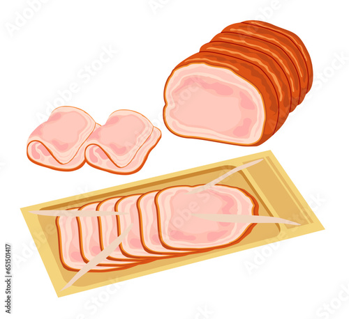 Cold smoked meat with slices. Sliced spicy ham isolated on white background. Meat delicacy in vacuum plastic packaging. Cartoon. Traditional cold cuts made of meat and spices