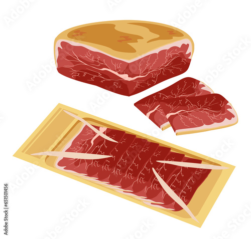 Spanish jamon iberico, serrano ham, talian prosciutto crudo. Isolated on white background. Jerked ham, isolated on white background. Meat delicacies. Vector illustration.