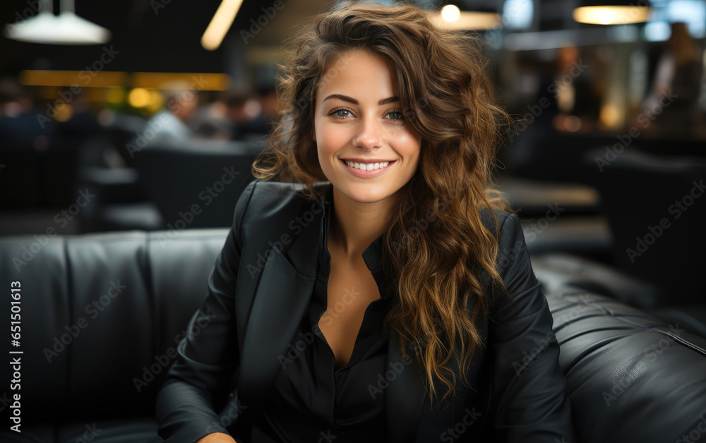 A young female banking financial professional employee sitting in a modern head office wearing a nice suit. Generative AI A young female banking financial professional employee sitting in a modern head office wearing a nice suit. Generative AI