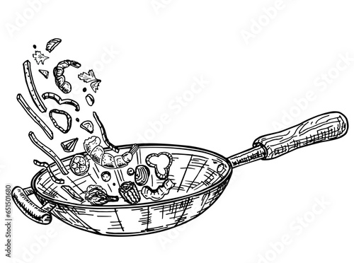 Wok pan and ingredients for wok. Sketch. Asian food. chinese noodles, tomatoes, peppers, shrimp, meat and other ingredients. Asian cuisine. Hand drawn vector illustration