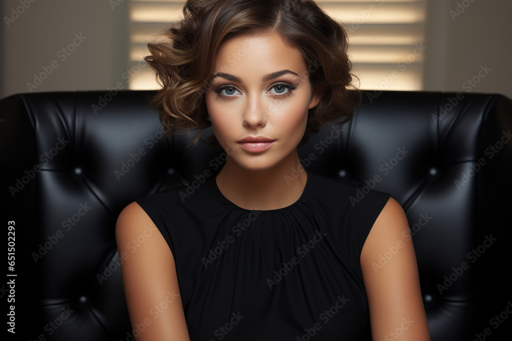 Portrait of an elegant pretty adult woman in a black stylish dress sitting on a chair and looking at camera, style and fashion Portrait of an elegant pretty adult woman in a black stylish dress sitting on a chair and looking at camera, style and fashion