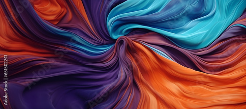 Abstract organic pale blue, dark purple, and orange batik cotton saree cloth swirl lines as panorama wallpaper background.