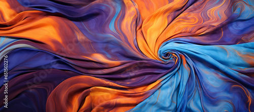 Abstract organic pale blue, dark purple, and orange batik cotton saree cloth swirl lines as panorama wallpaper background.