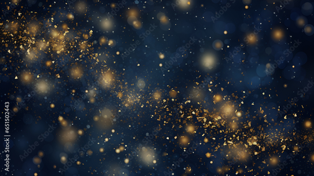 Festive abstract background with shimmering gold particles and twinkling lights and bokeh effect on a deep navy blue background. The gold foil texture is smooth and shiny - obrazy, fototapety, plakaty 