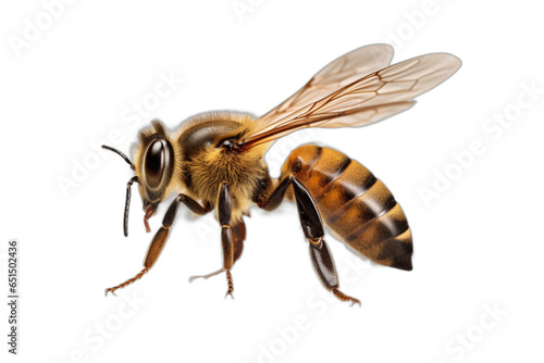 A close-up view of a flying honey bee. Isolated on white. Side view