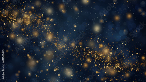 Festive abstract background with shimmering gold particles and twinkling lights and bokeh effect on a deep navy blue background. The gold foil texture is smooth and shiny