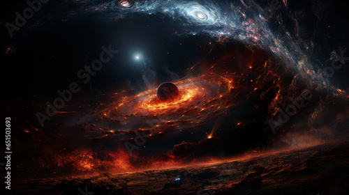 a galaxy with spirallike rings and stars, in the style of light red and dark gold photo