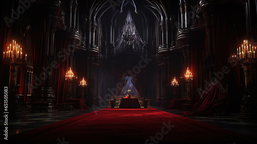 Vampire Dracula castle interior, victorian red furnitures. Halloween concept. Generative AI