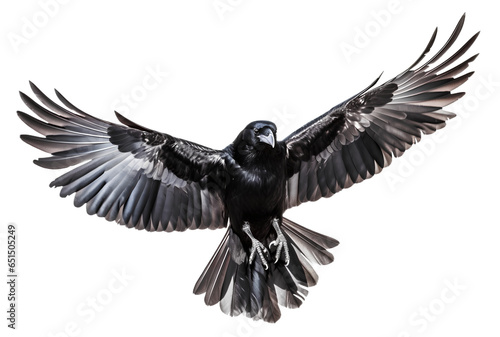flying crow spreading its wings on isolated background