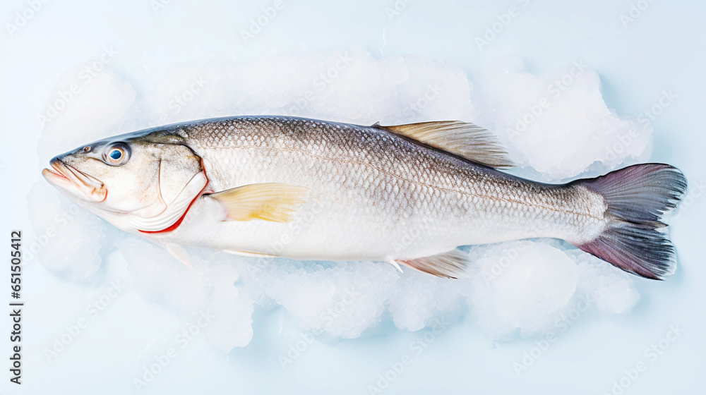 Obraz premium Fresh raw cod fish on ice. Seafood background. Generative AI