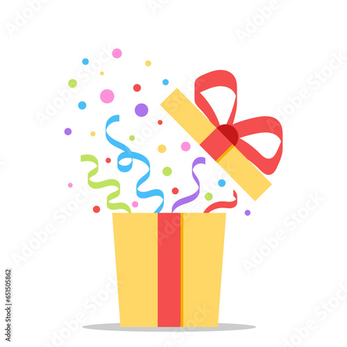 Yellow surprise gift box present with colorful confetti ribbon flat illustration