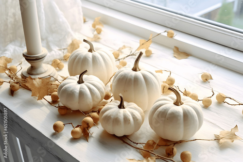 White halloween october pumpkins, warm theme window light with leaves and seasonal decorations, aesthetic on holidays background photo