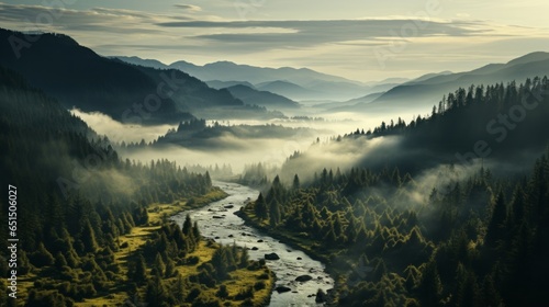 Misty spruce forest valley landscape withray of light © Dushan