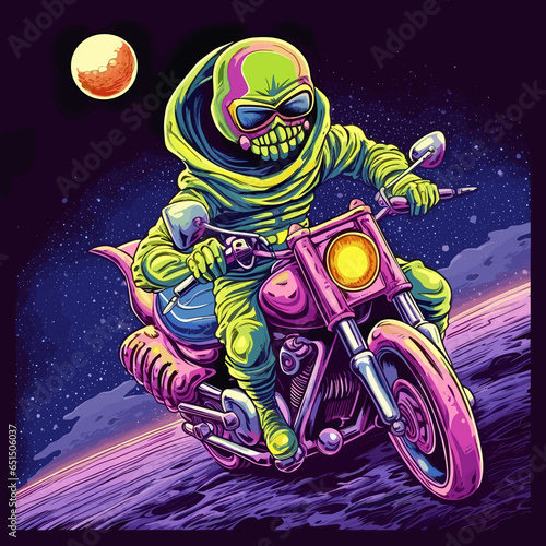 a man wearing an alien mascot is driving a motorcycle in space © Darrity