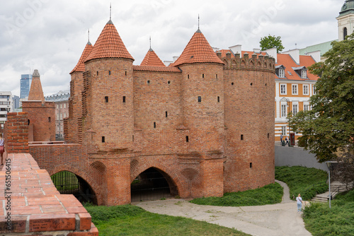 Barbacan castle and its fortification walls and structures. The streets of the old city. The sights of the Polish capital Warsaw
