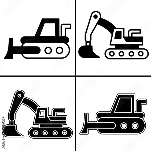 Vector black and white illustration of exavator icon for business. Stock vector design. photo