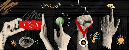 A grunge banner vector collage combines trendy dotted punk halftones with doodle elements like a hand holding a medal, an eye, and an index finger pressing a button. modern advertising poster design.