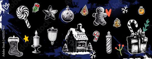 An artistic vintage halftone montage conveying warm Christmas Season Greetings, featuring Santa Claus, a Christmas tree, a shining star, and a beautifully adorned gift box