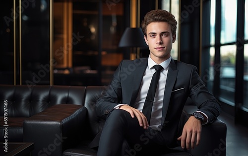 A young male banking financial professional employee sitting in a modern head office wearing a nice suit. Generative AI