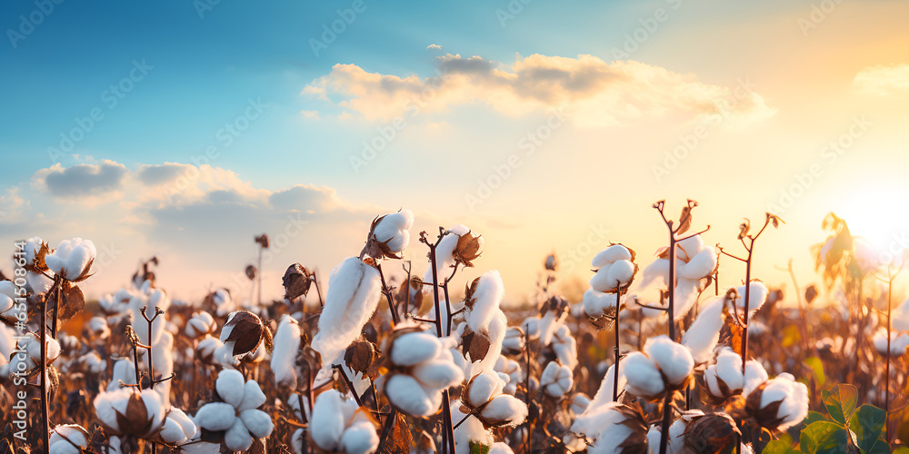 Cotton field at sunrise or sunset background Golden Hour in the Cotton Fields AI Generative   - obrazy, fototapety, plakaty 