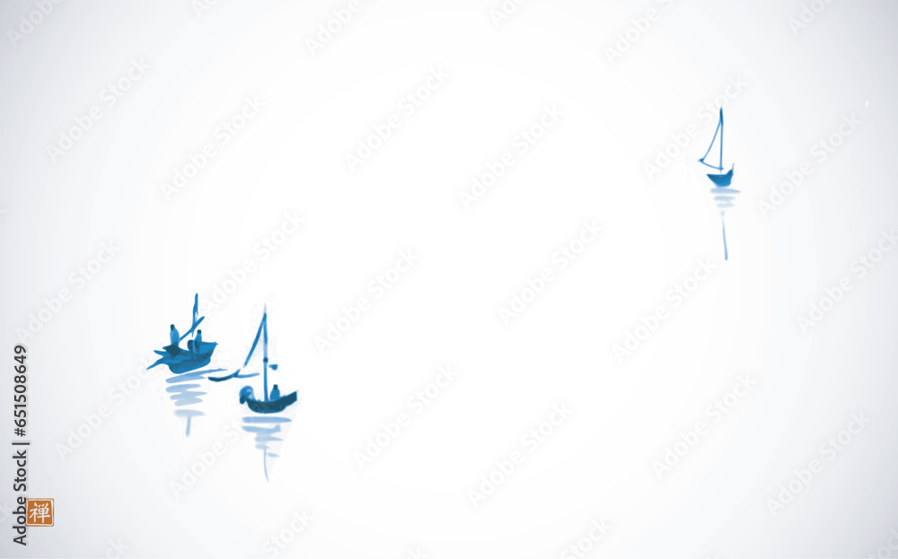 Ink painting of blue fishing boats in minimalist style on white background. Traditional oriental ink painting sumi-e, u-sin, go-hua on white glowing background. Translation of hieroglyph - zen - obrazy, fototapety, plakaty 