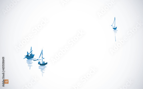 Ink painting of blue fishing boats in minimalist style on white background. Traditional oriental ink painting sumi-e, u-sin, go-hua on white glowing background. Translation of hieroglyph - zen